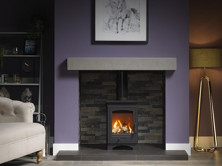 GEOCAST contemporary stone-effect beam above a stove, with a dark chamber and hearth in a sitting room