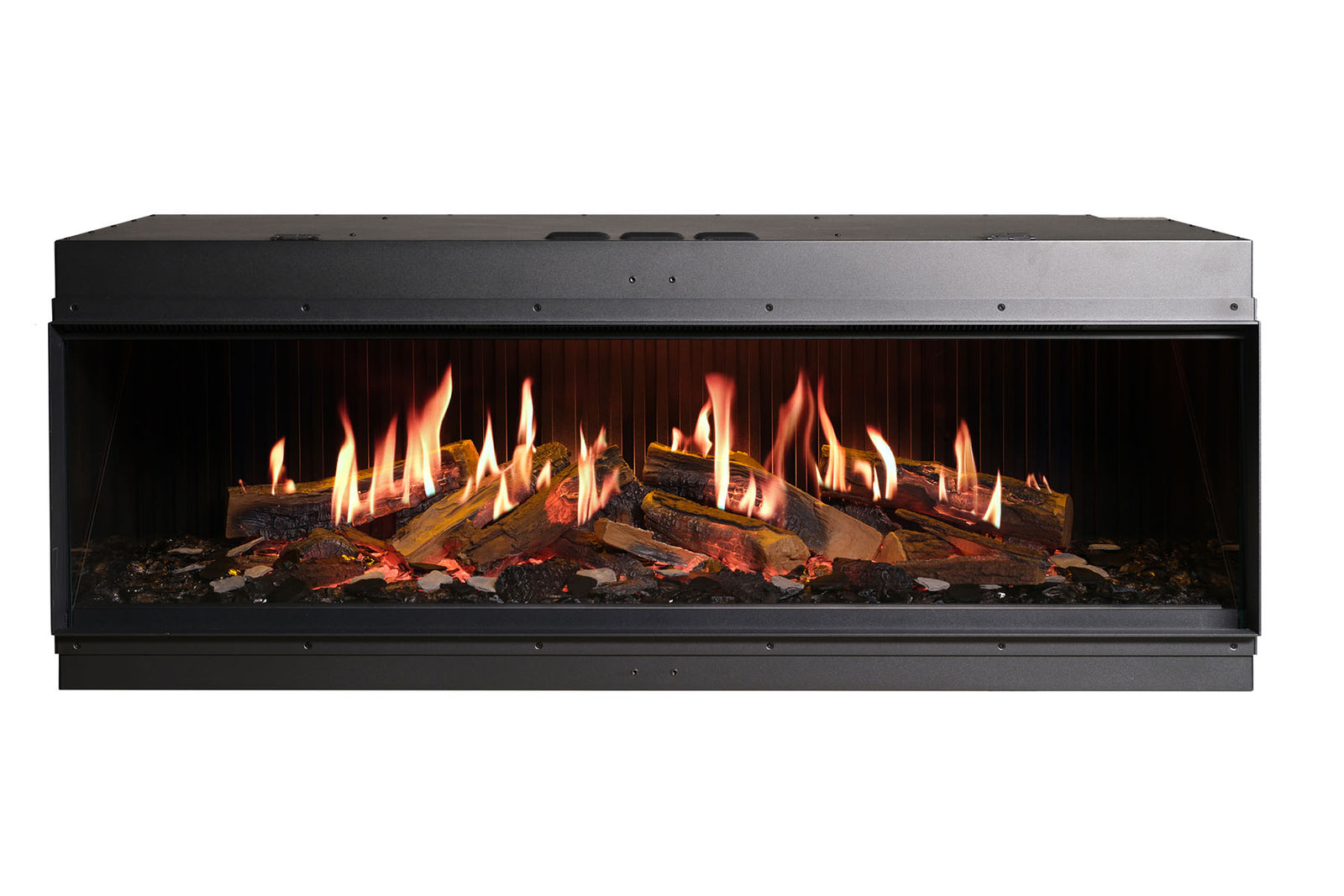 Front view of the Solus iX15 electric fire with enclosed sides and illuminated logs