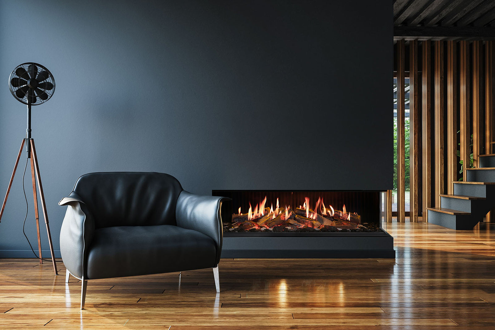 Solus iX15 electric fire with a glass right side fitted into the corner of a dark blue wall