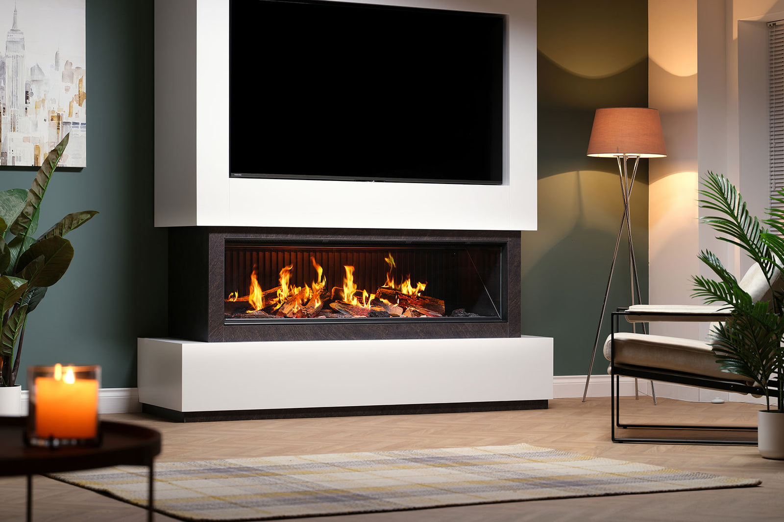 Solus iX15 electric fire beneath a television in a white media wall with a dark surround