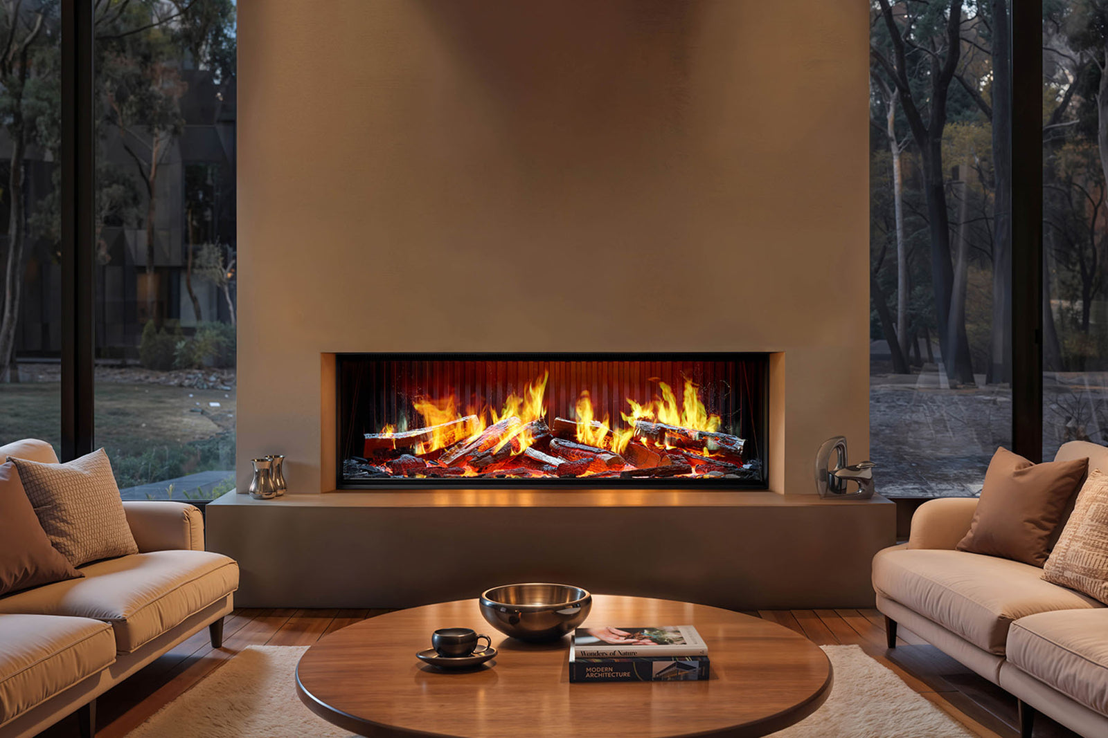 Solus iX13 electric fire inset into a beige wall between two sofas and full-height windows