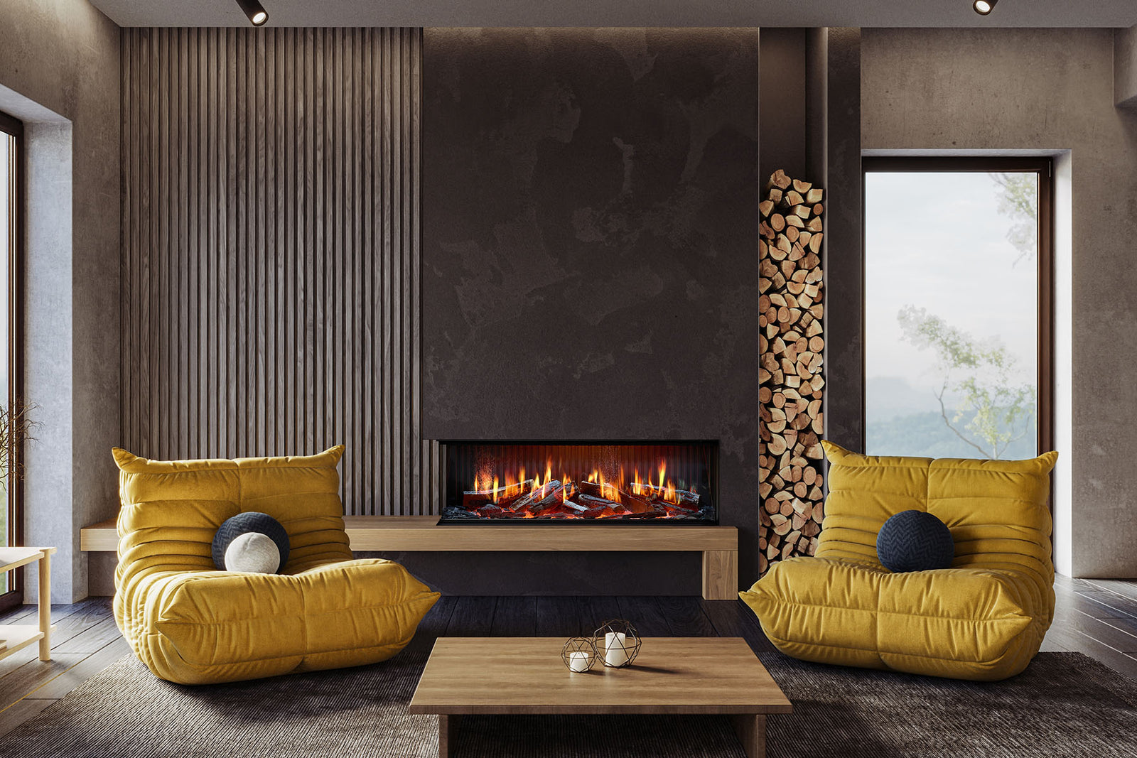 Solus iX13 electric fire with a glass left side above a wooden hearth beside a log store