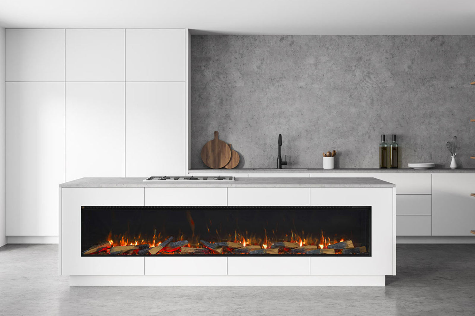 Solus VS220 electric fire inset into the front of a white kitchen island
