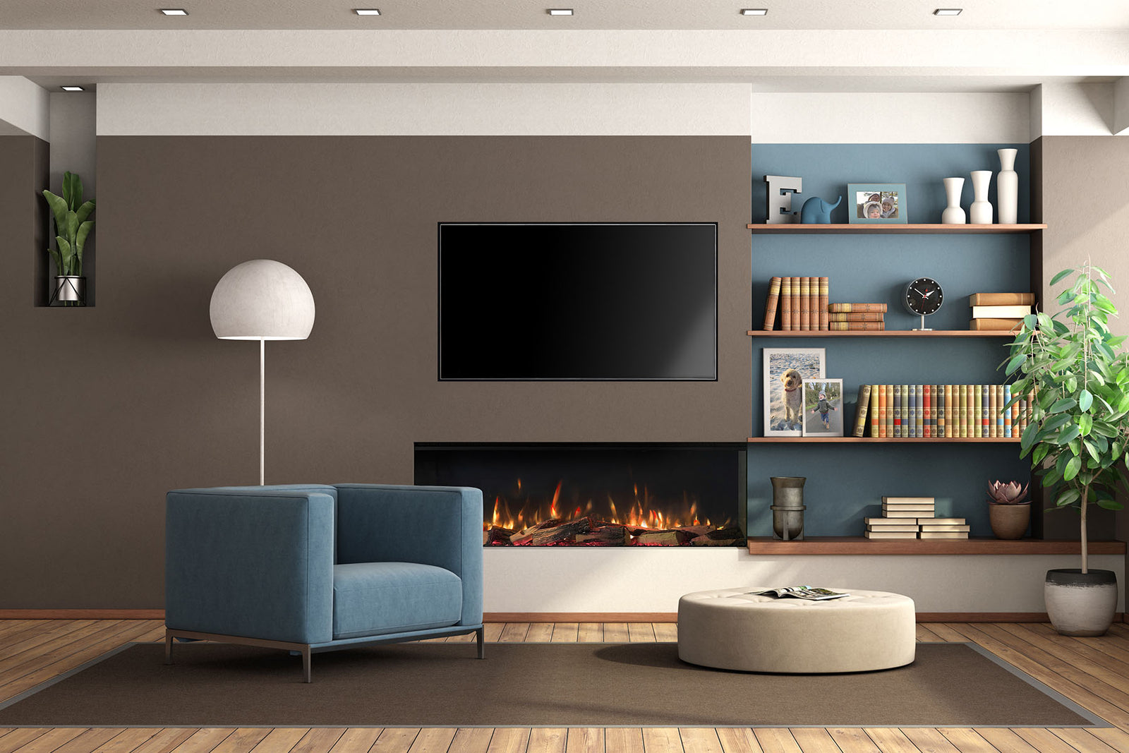 Solus VS130 electric fire with a glass right side beneath a television beside blue-backed shelves