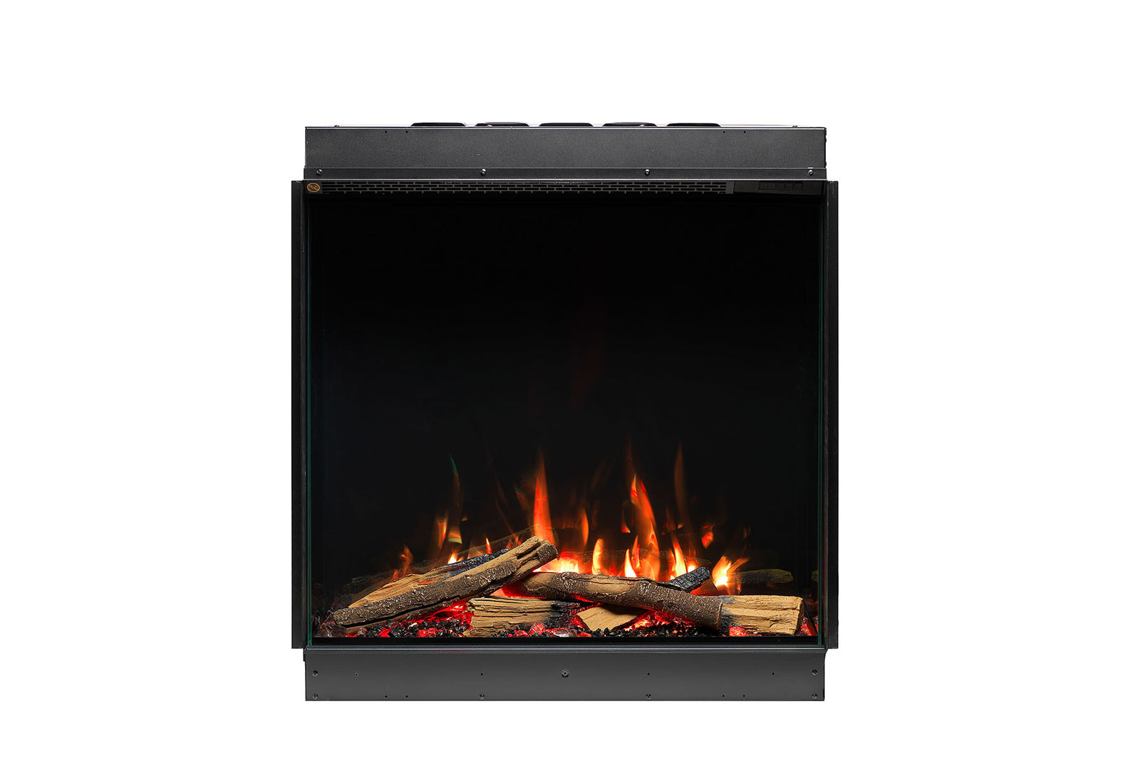 Front view of the Solus VS75 electric fire with orange flames above a glowing log bed