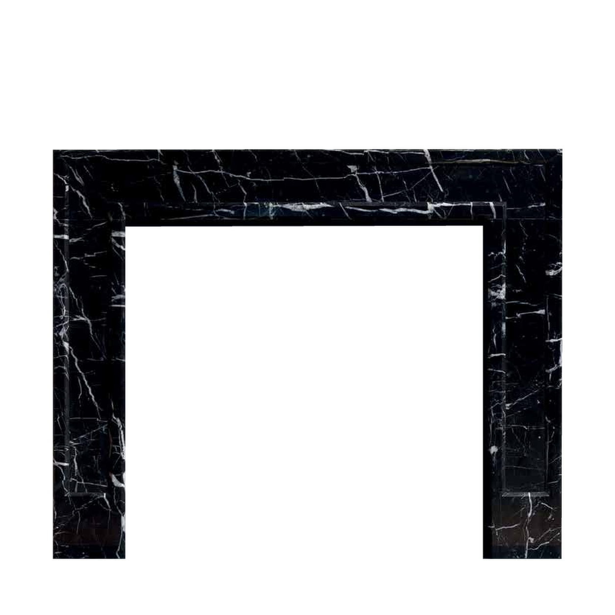 Penman Allora fireplace mantel in Nero marble on a clear background.