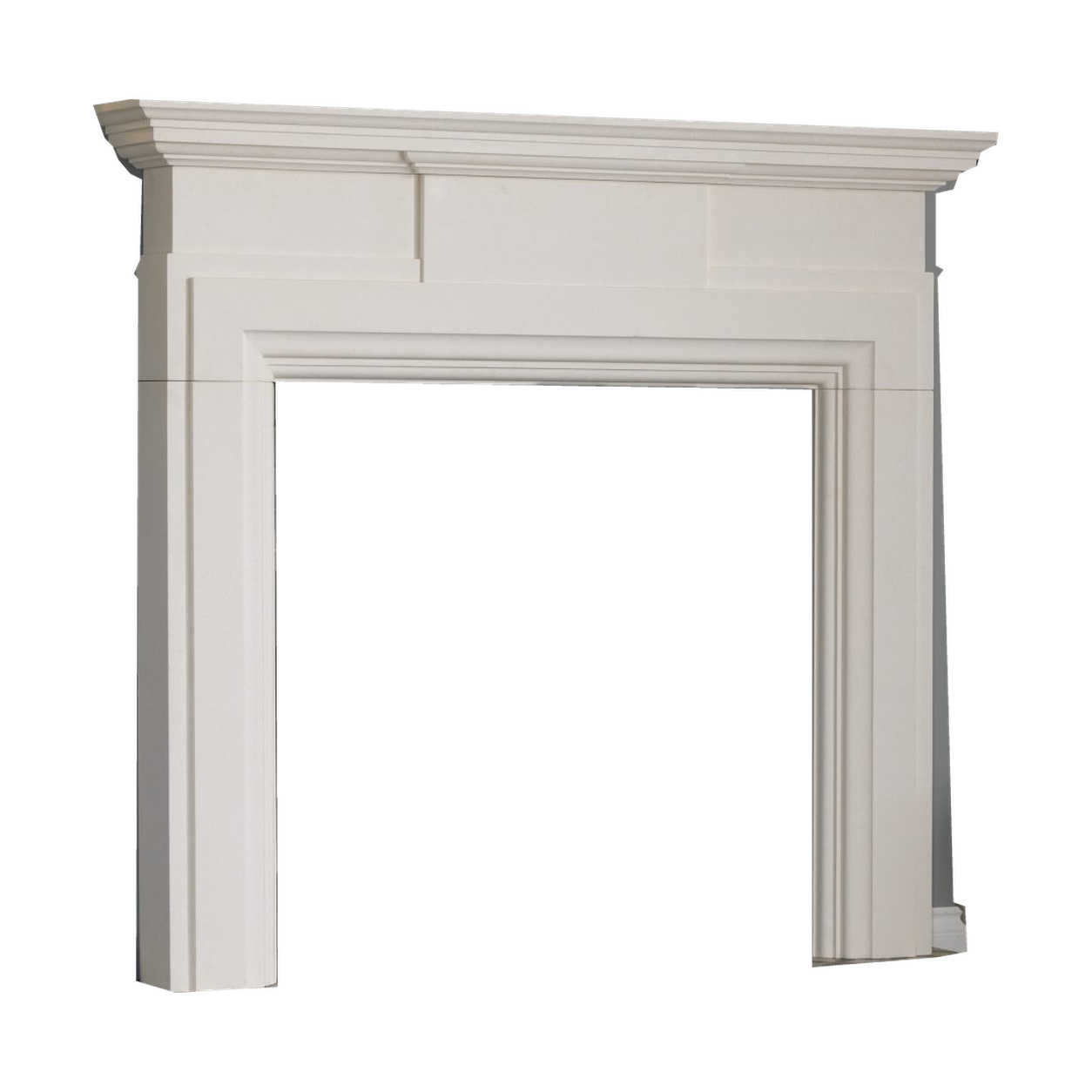 Penman Hadley fireplace mantel in Agean limestone on a clear background; mantel only.