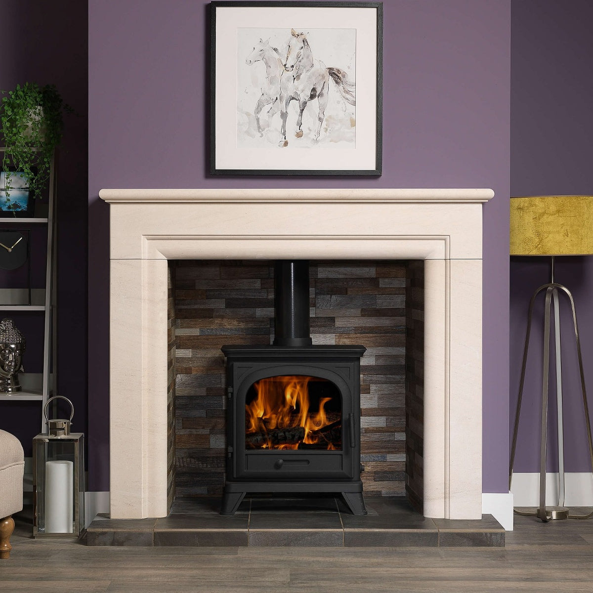 Penman Monza Portuguese limestone fireplace mantel, shown in a room setting
