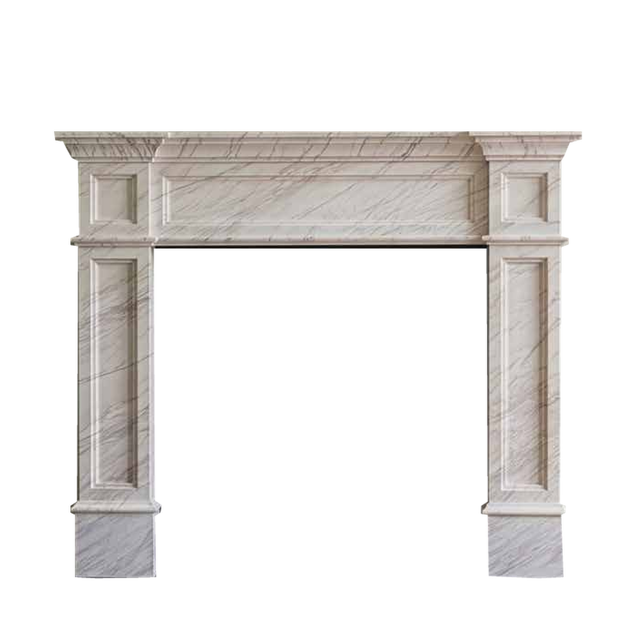 Penman Strathmore fireplace mantel in Kallos marble on a clear background; mantel only.