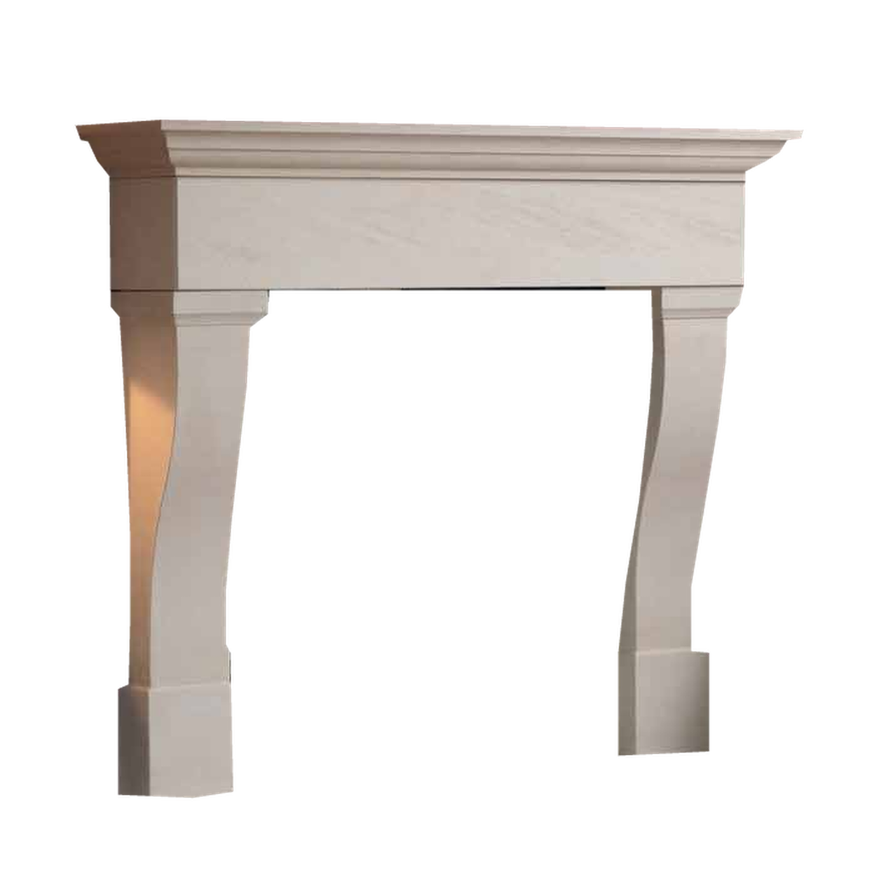 Penman Tavira fireplace mantel in Iberian limestone with hearths and slips on a clear background.