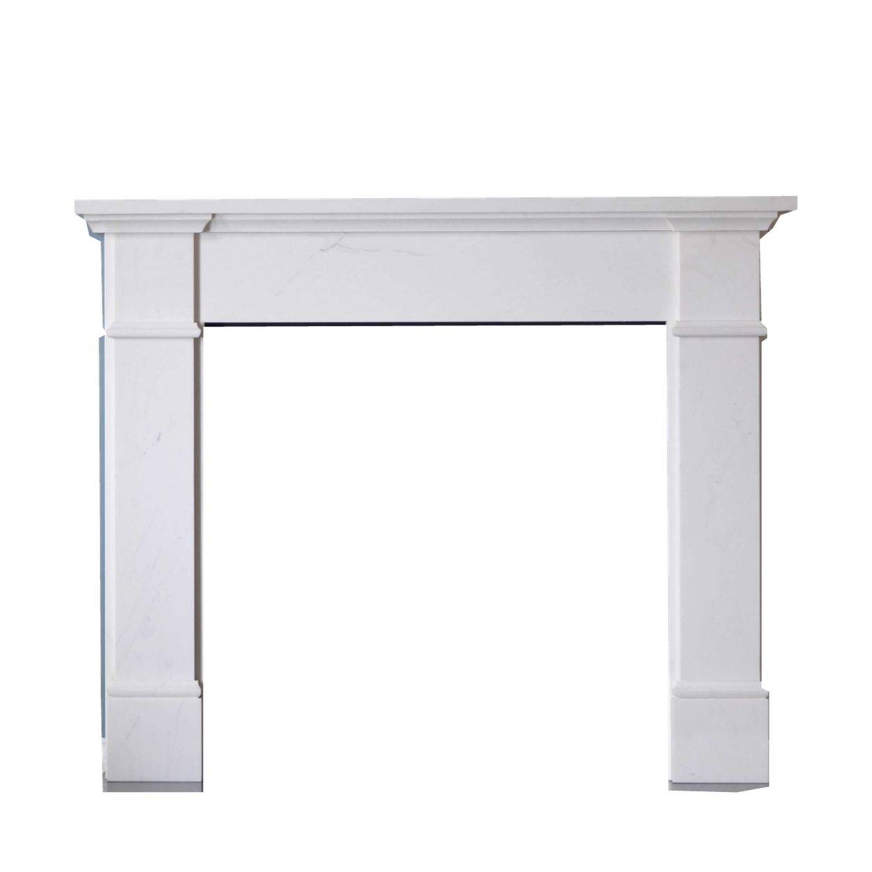 Penman Velletri fireplace mantel in Clara Pura marble on a clear background; mantel only.