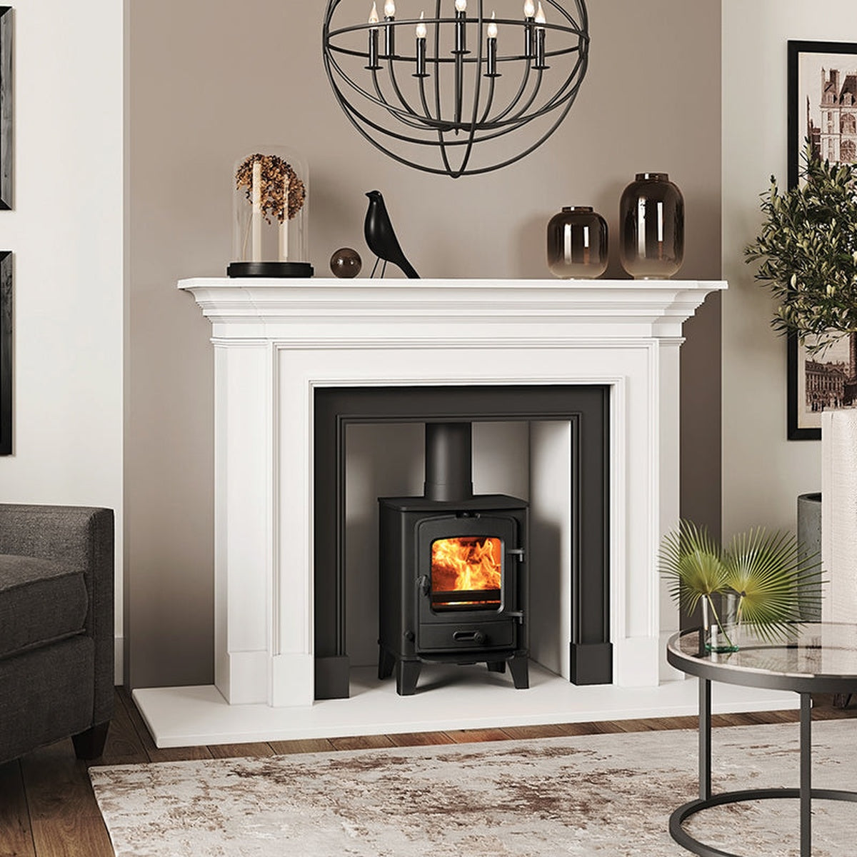 Stovax County 3 stove with a white mantel beside a sofa