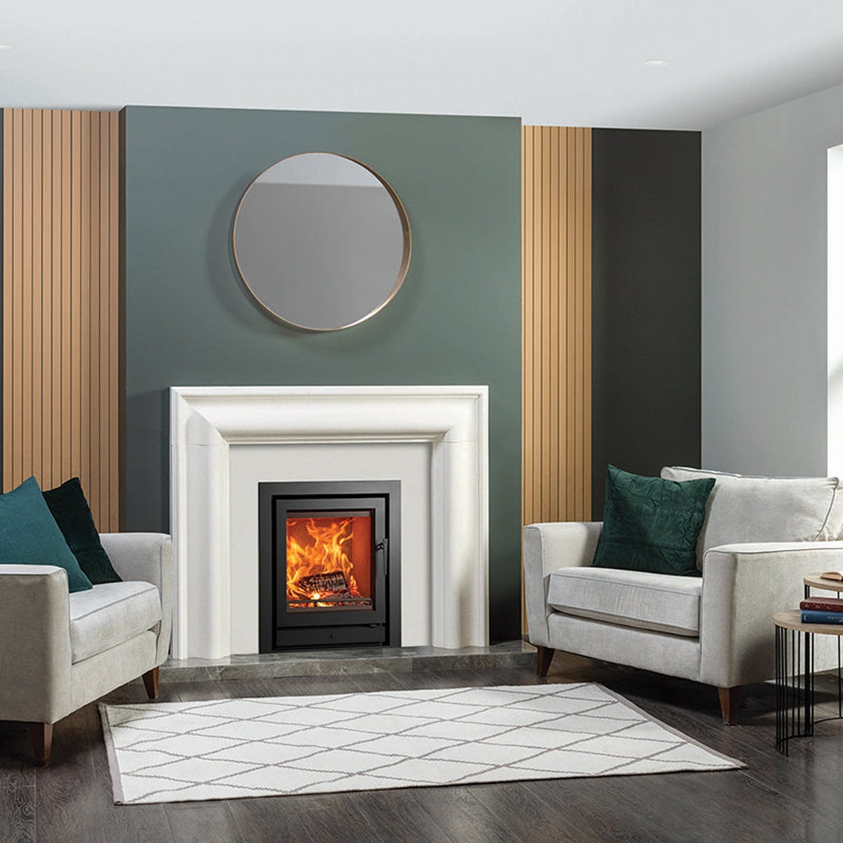 Stovax Riva2 55 inset fire with Profil 3-sided frame in Grafton Limestone Mantel — The Stove Yard