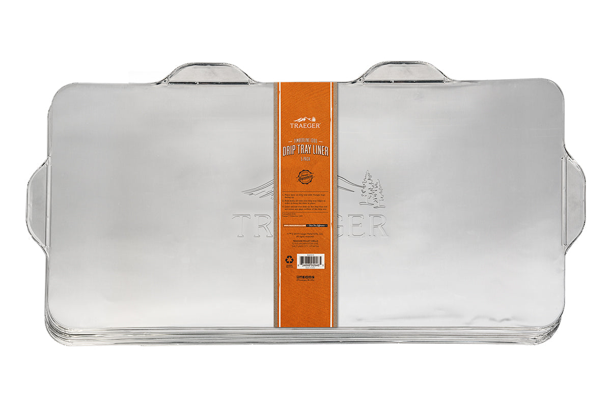 Five-pack of Traeger Timberline 1300 aluminium drip tray liners with an orange sleeve