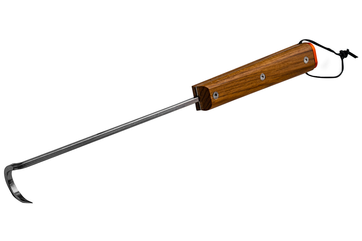 Traeger BBQ Pig Tail with a long metal shaft, curved hook and wooden handle with hanging loop