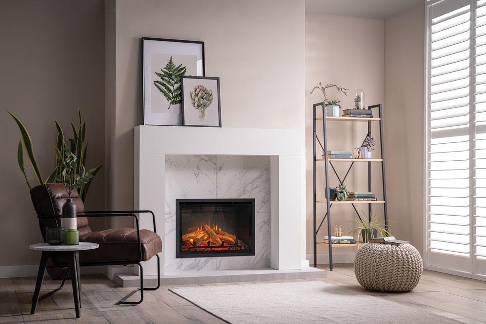 Gazco eMotiv 64 electric fire with a four-sided front frame in a pale fireplace