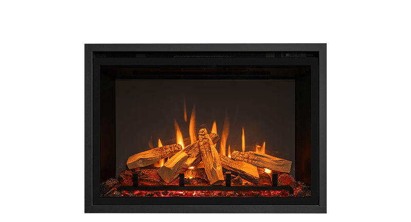 Gazco eMotiv 74 electric fire with oak-effect logs and its four-sided frame