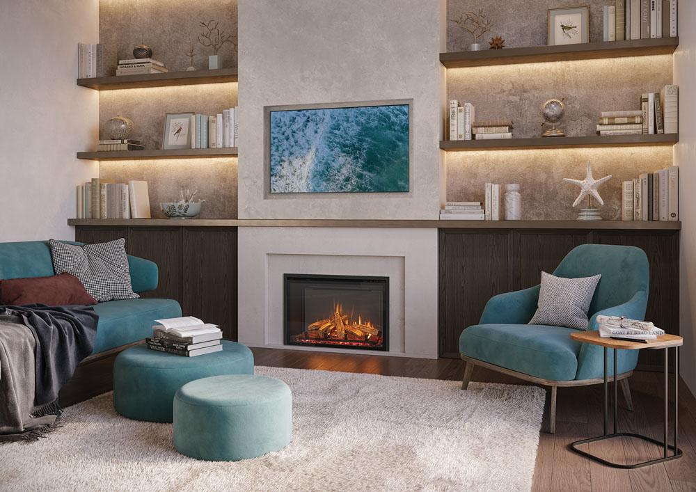 Gazco eMotiv 74 electric fire hearth mounted with its lower frame trim removed