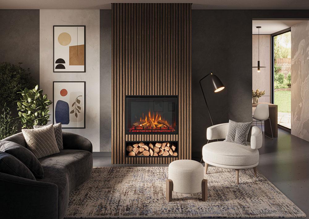 Gazco eMotiv 84 electric fire with a four-sided front frame above a log recess