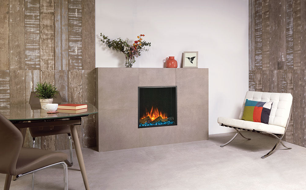 Gazco eReflex 55RW electric fire with Oak Log effect in a single-sided pale fireplace surround