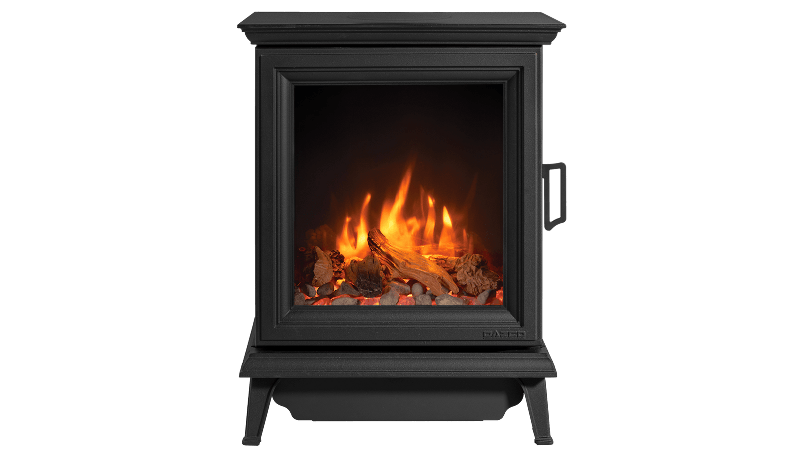 Gazco Sheraton 5 electric stove in matt black with a log-effect display, front view