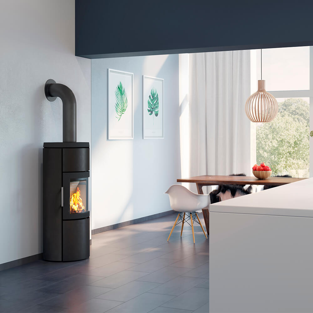 HWAM 3520c wood-burning stove in a room setting