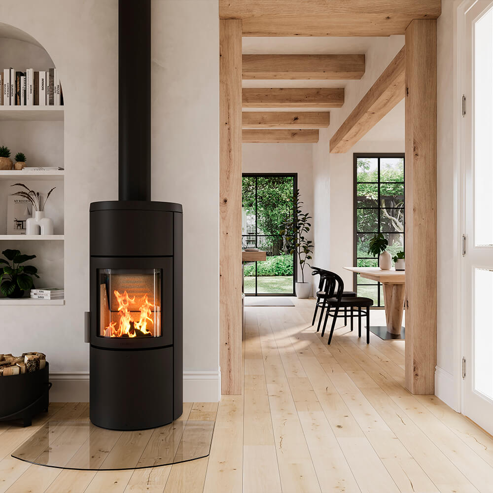HWAM 3520c wood-burning stove in a room setting