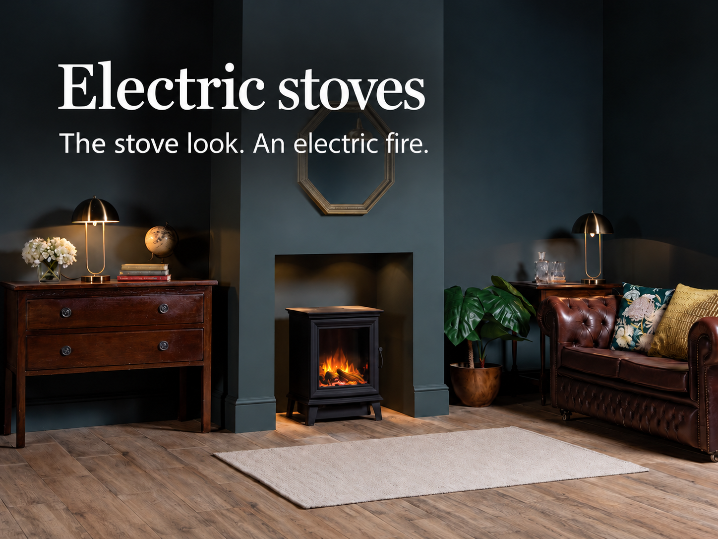 Electric stoves. The stove look. An electric fire. Black electric stove in a teal living room.