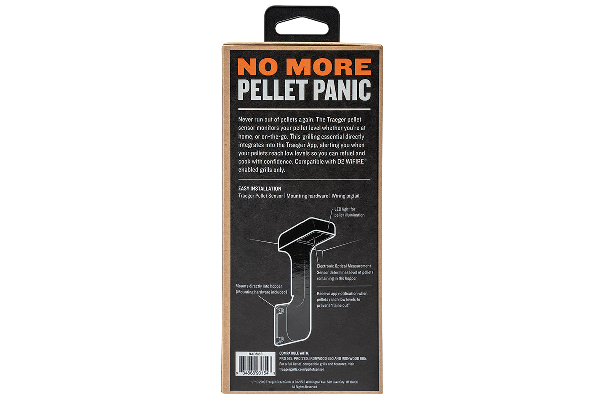 Back of the Traeger Pellet Sensor box with a sensor diagram and installation information
