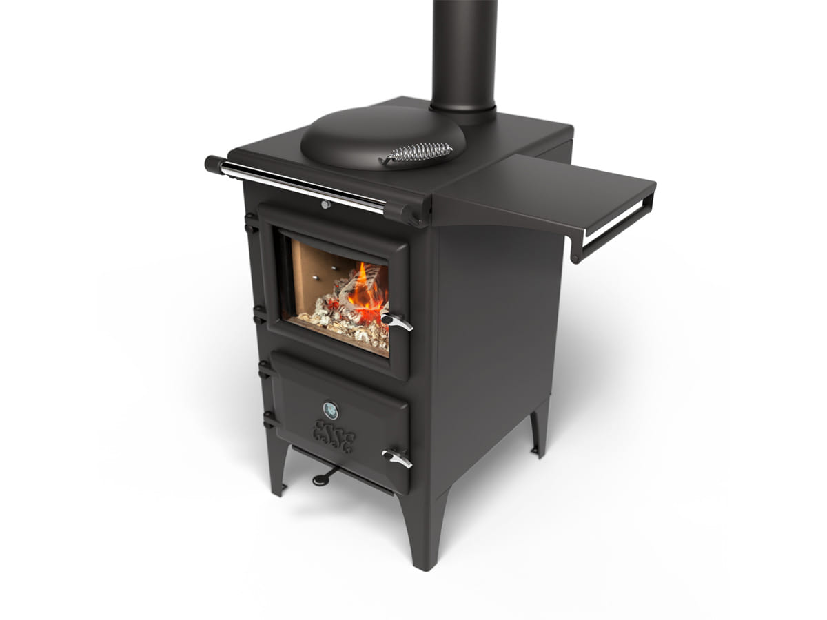 Angled view of the ESSE Bakeheart wood-fired cook stove