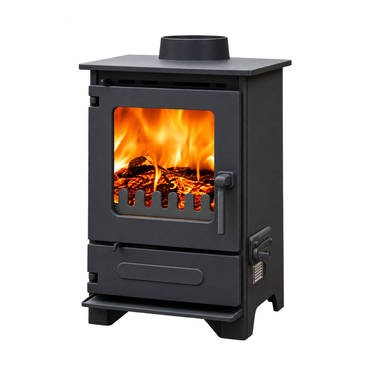 Dunsley Highlander 3 Enviroburn SG with a black handle burning logs, isolated product cutout