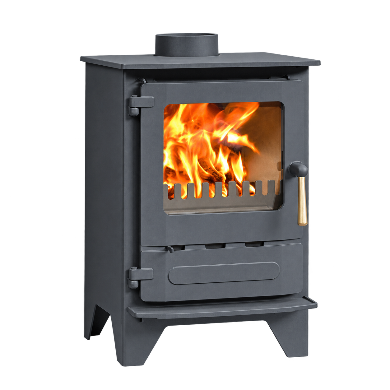 Dunsley Highlander 5 Enviroburn SG with high legs and a wood handle burning logs, isolated product cutout