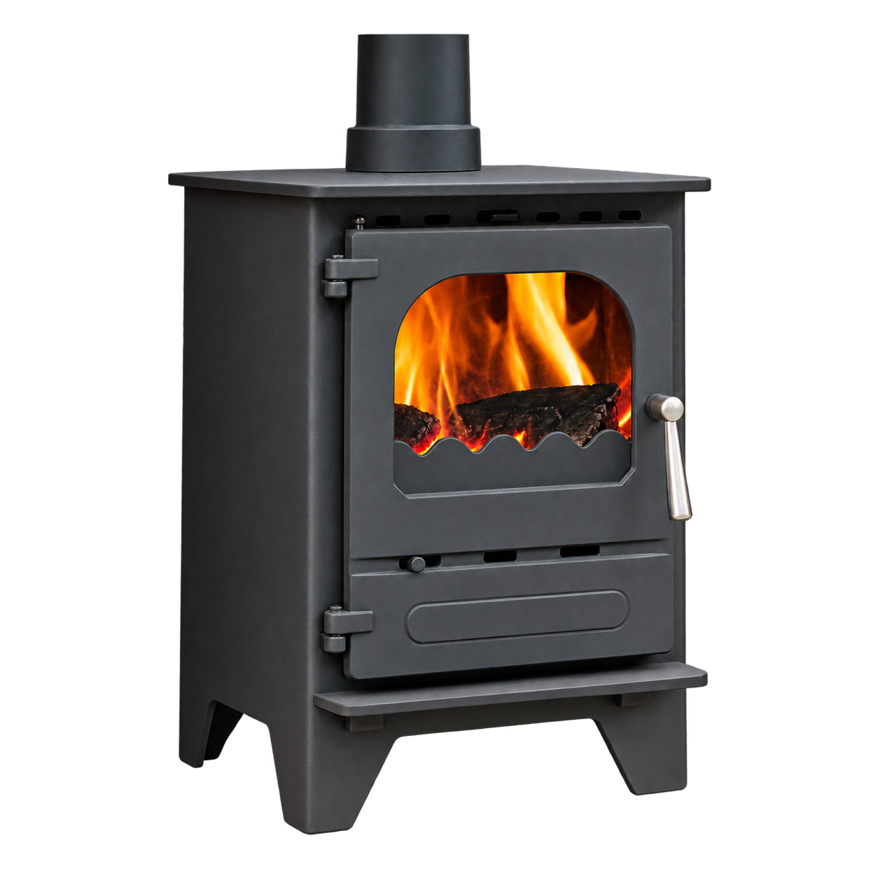 Dunsley Highlander 5 Enviroburn Solo stove with high legs and a satin chrome handle, isolated product cutout