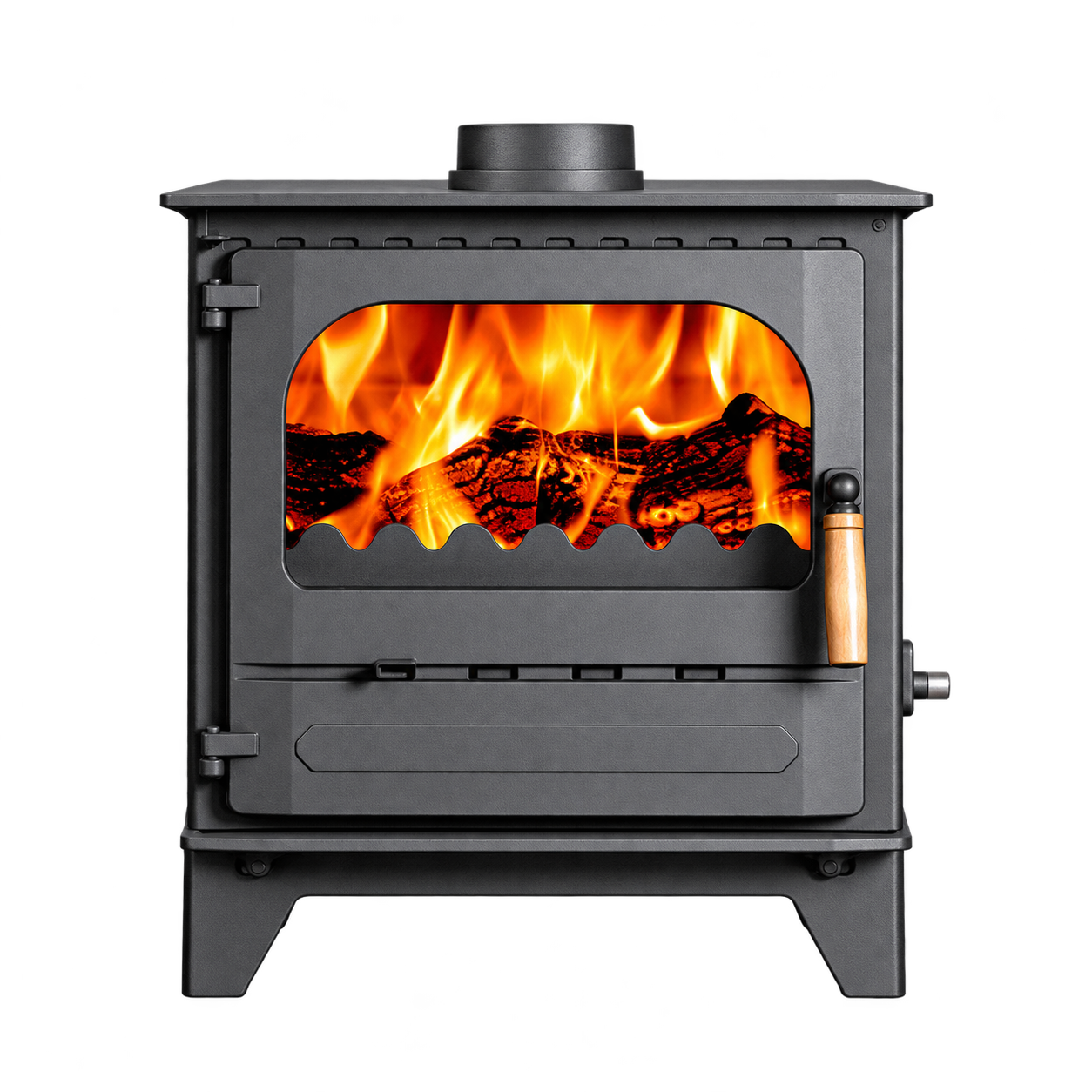 Dunsley Highlander 8 Enviroburn Solo with a wood handle burning logs, isolated product cutout