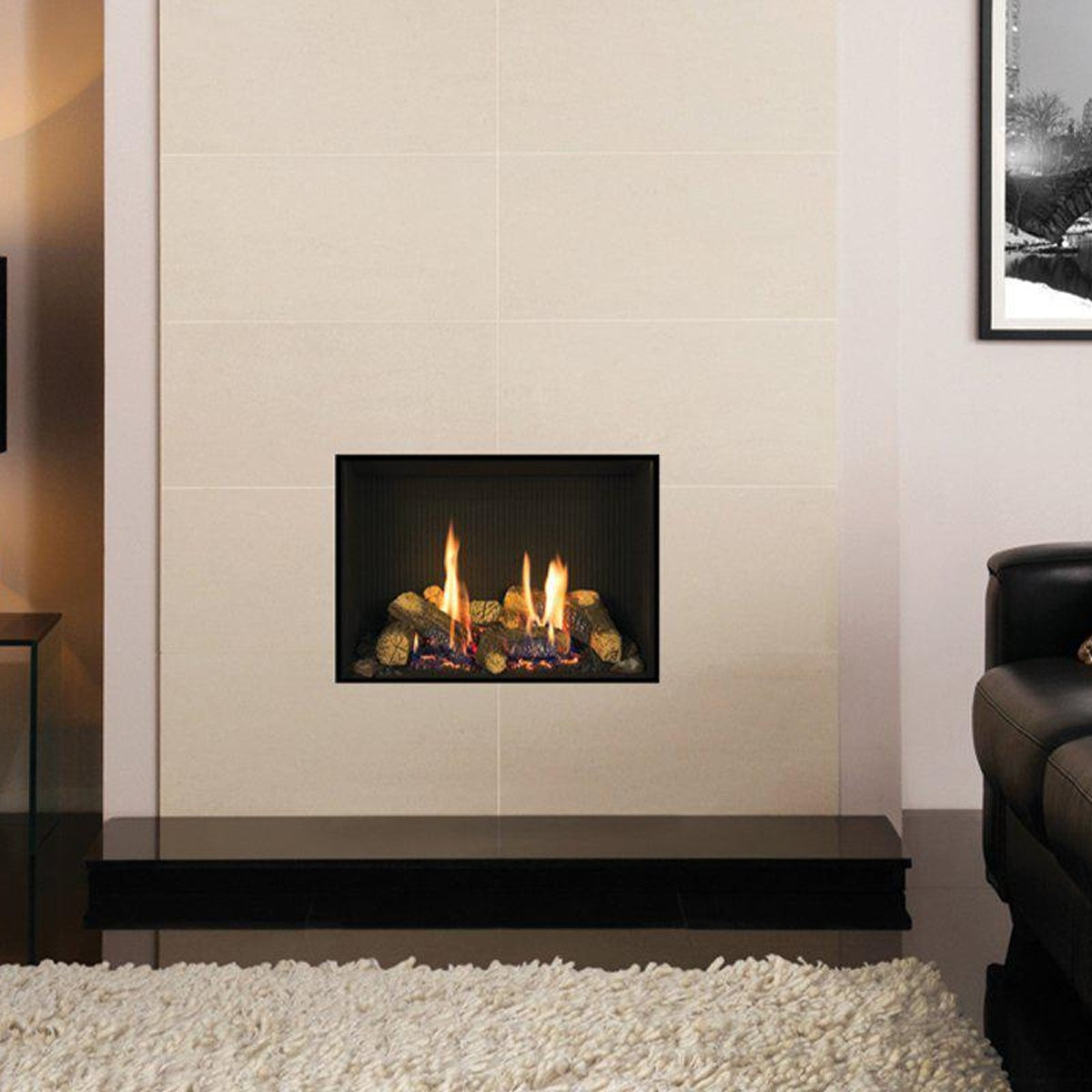 Gazco Riva2 500 Edge gas fire with black reeded lining and cream fireplace tiles
