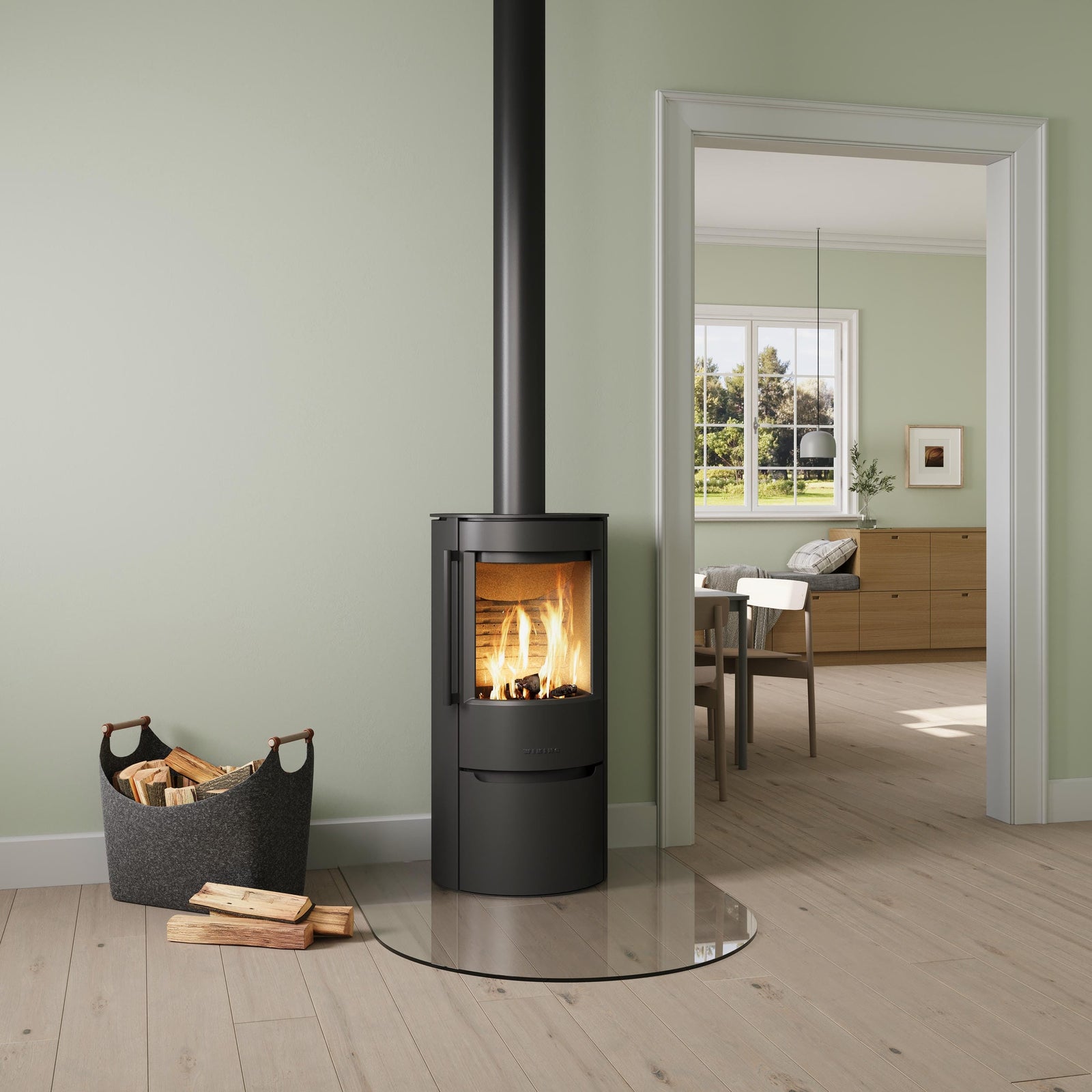 WIKING Luma 4 wood-burning stove in grey beside an open doorway