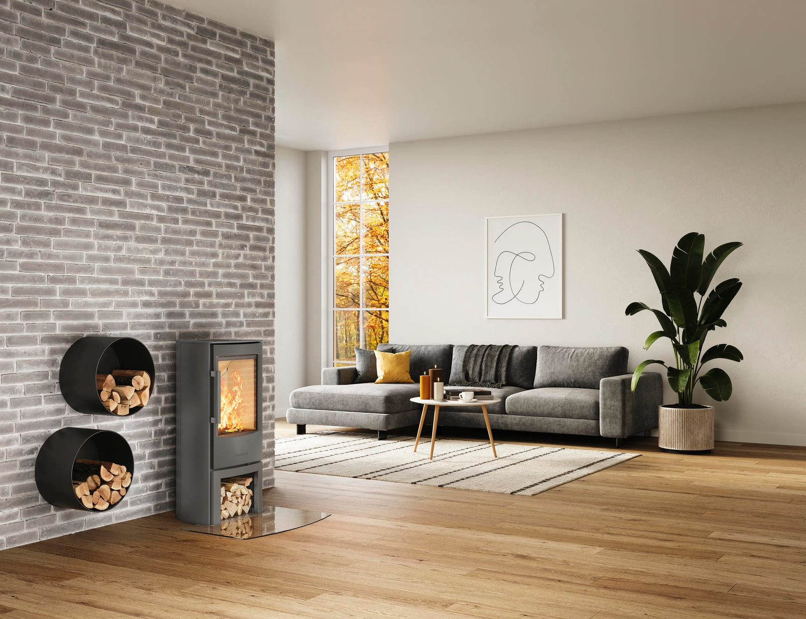 WIKING Miro 4 with a wood store in a living room beside a brick wall
