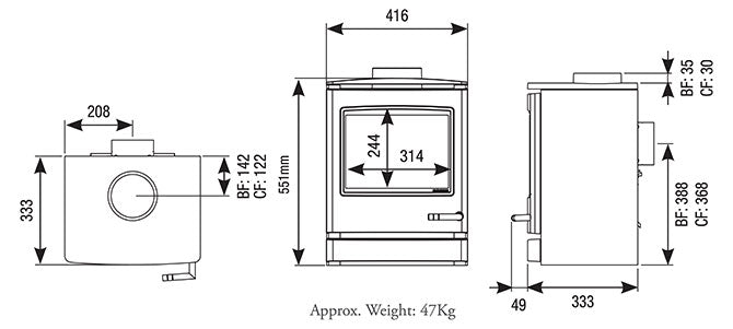 Yeoman CL5 gas stove dimension drawing with top, front and side views; 416 mm wide and 551 mm high
