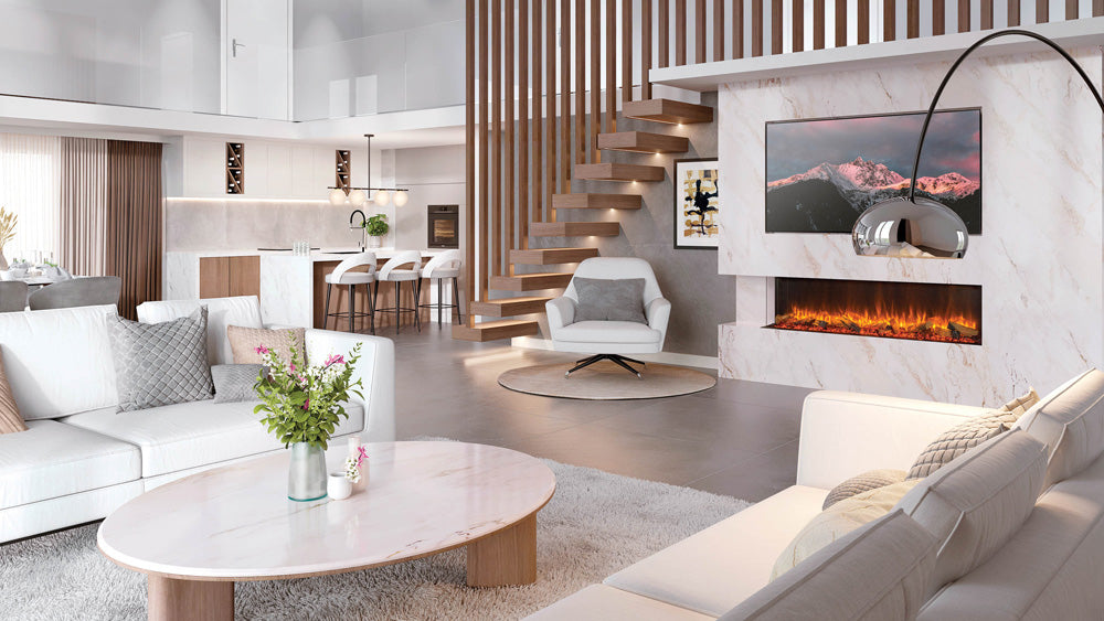 Gazco eReflex 195RW electric fire with Oak Log effect in a two-sided pale media-wall installation