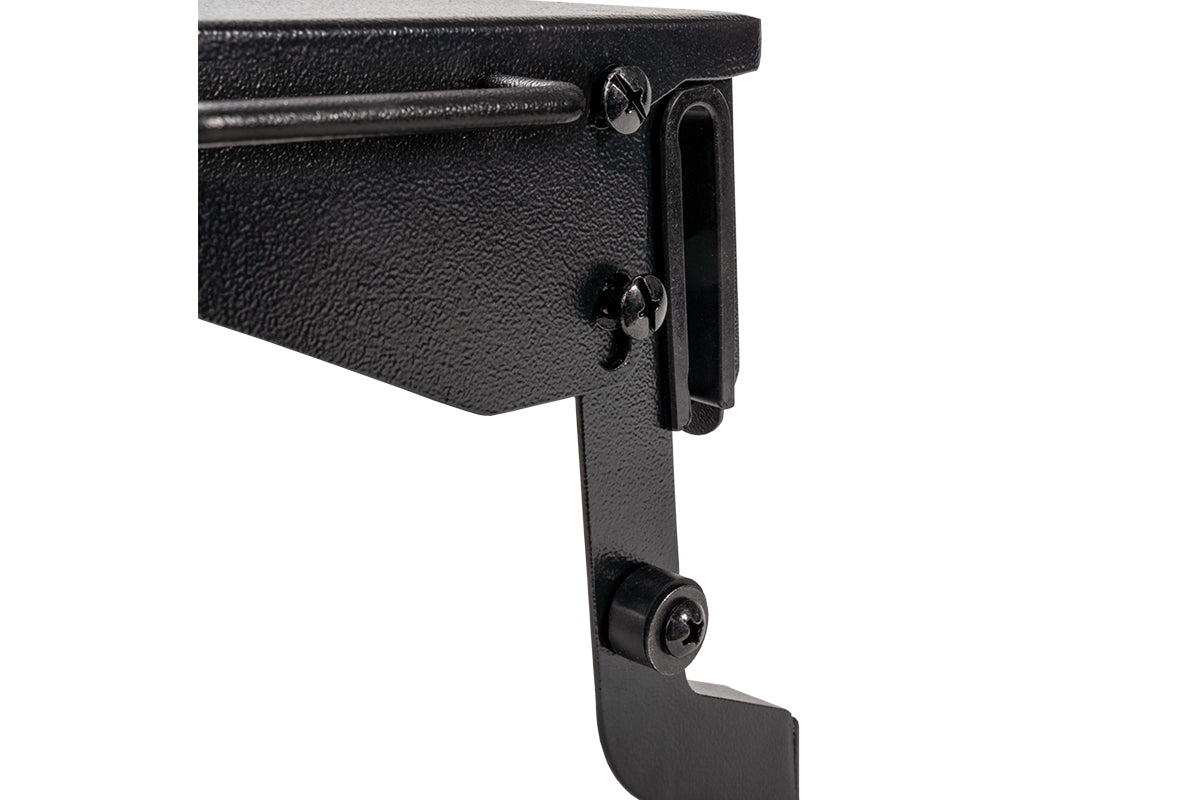 Close-up of the mounting bracket and hinge on the Traeger P.A.L. folding shelf