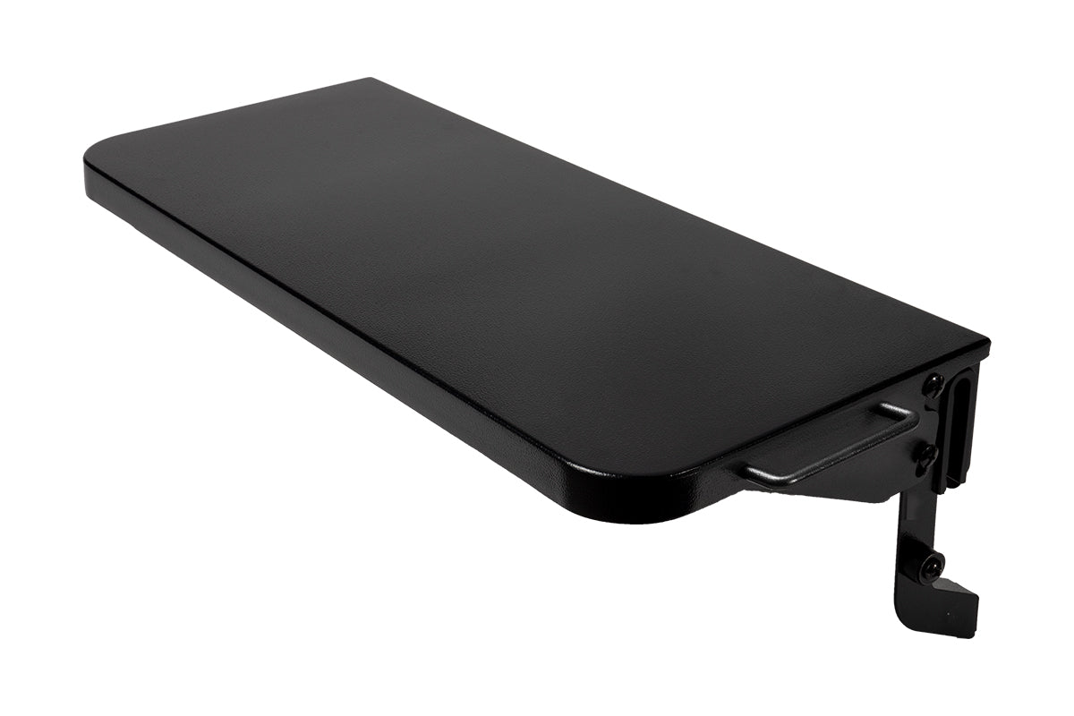 Black Traeger P.A.L. folding front shelf viewed at an angle with its mounting bracket visible