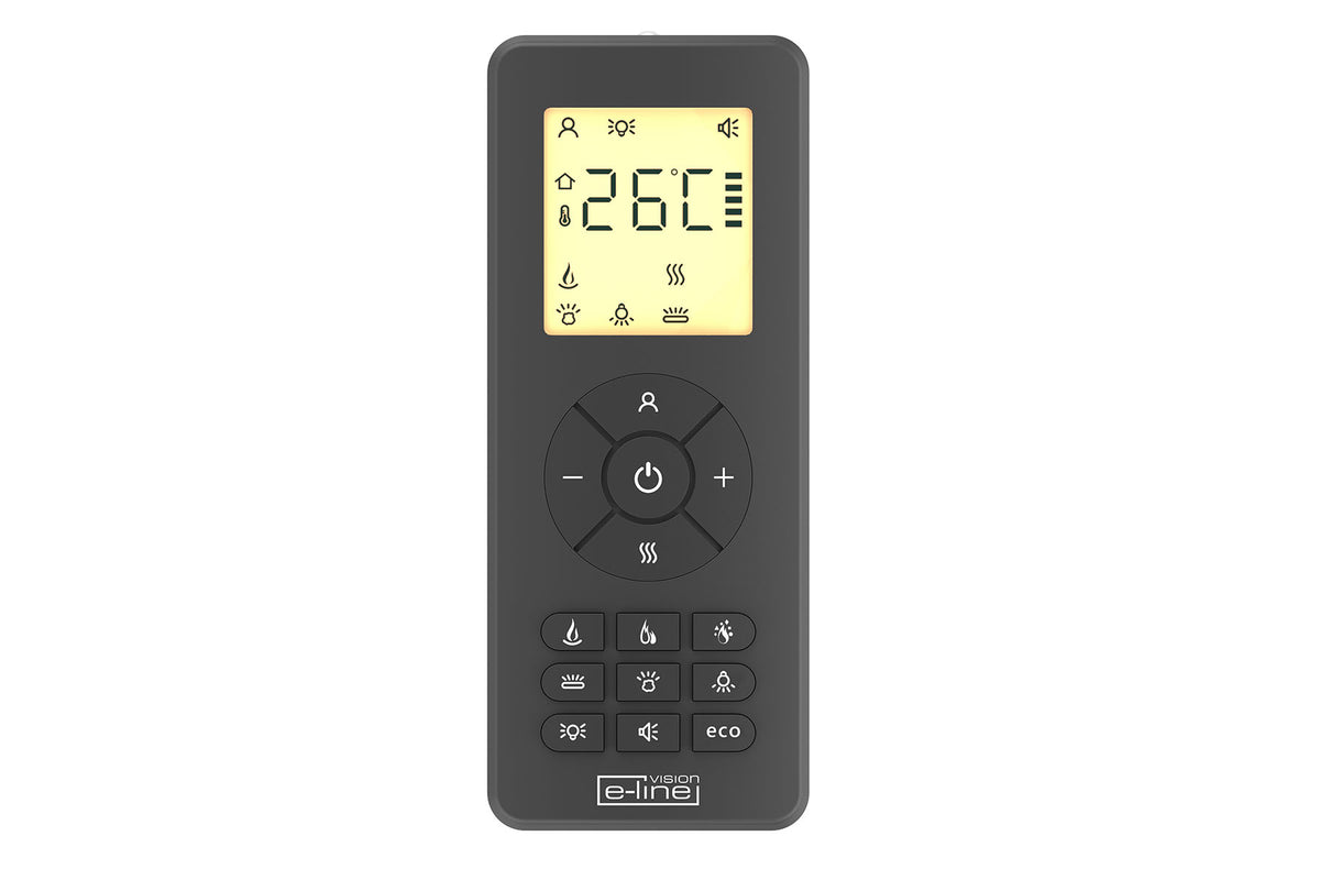 Solus electric fire remote control with illuminated temperature display and flame, lighting and sound buttons