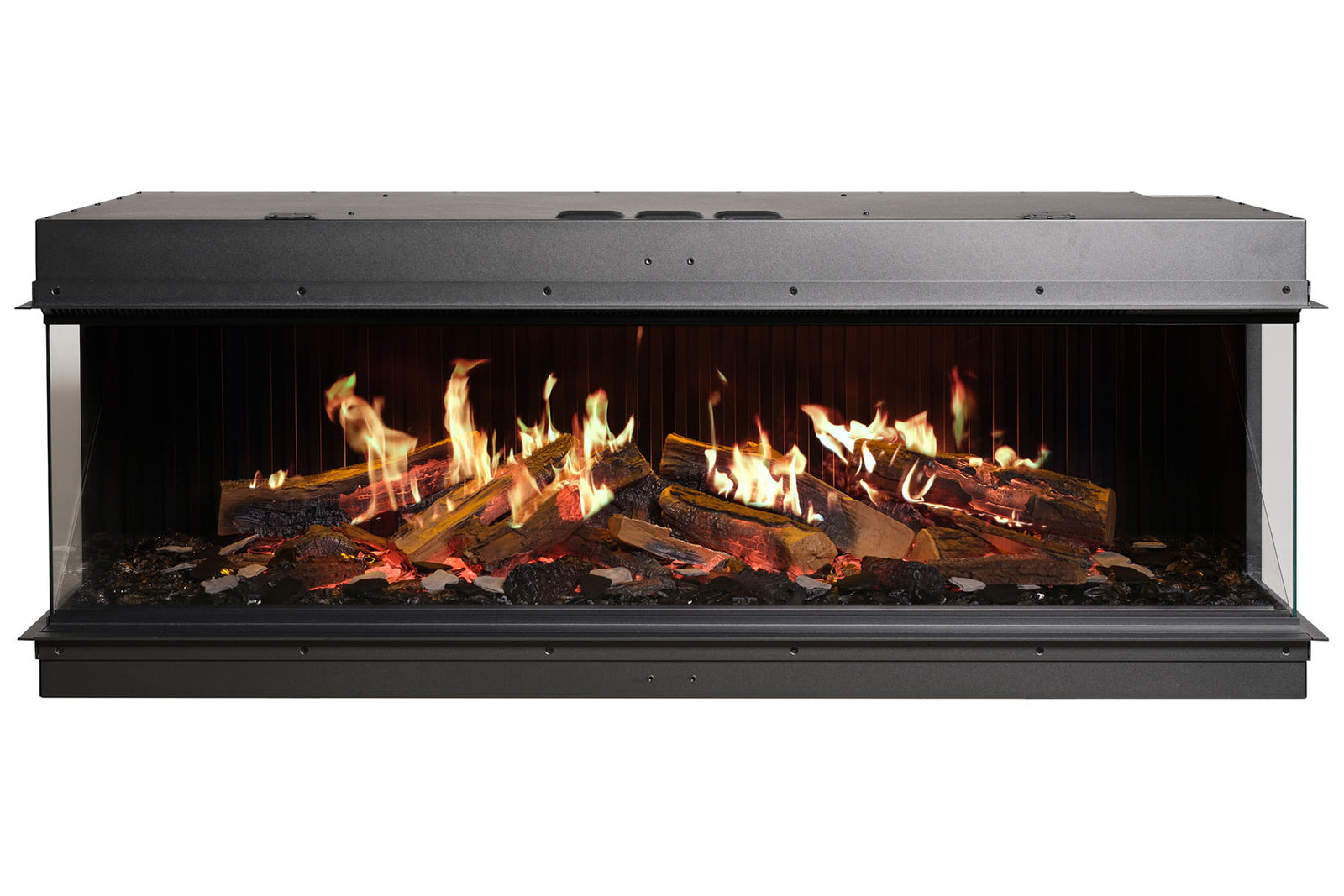 Solus iX15 electric fire shown with glass on both sides and illuminated logs