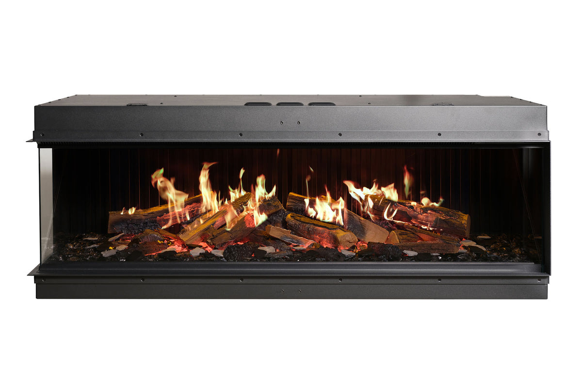 Solus iX15 electric fire shown with a glass left side and enclosed right side