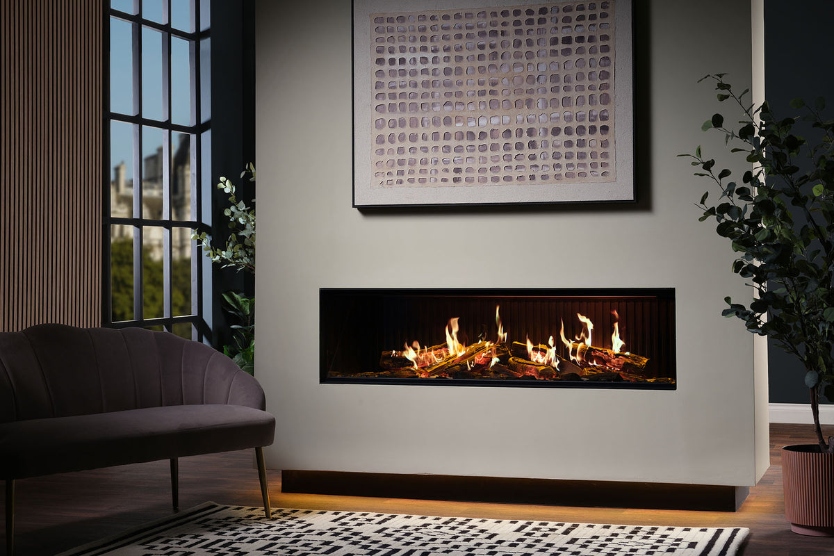 Solus iX15 electric fire inset into a white living room wall beneath framed artwork