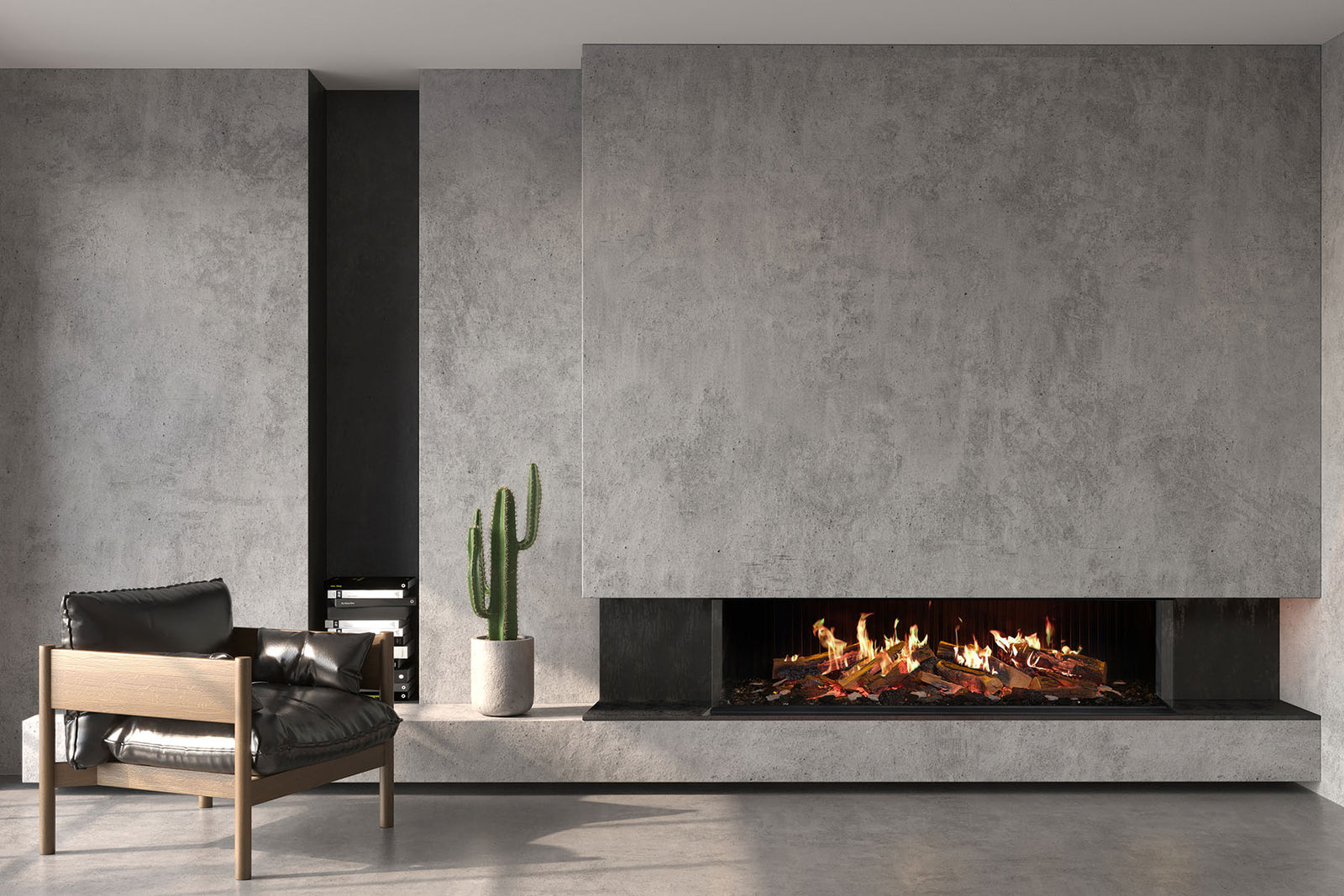 Solus iX15 electric fire with glass sides in a grey fireplace surround with a wide hearth