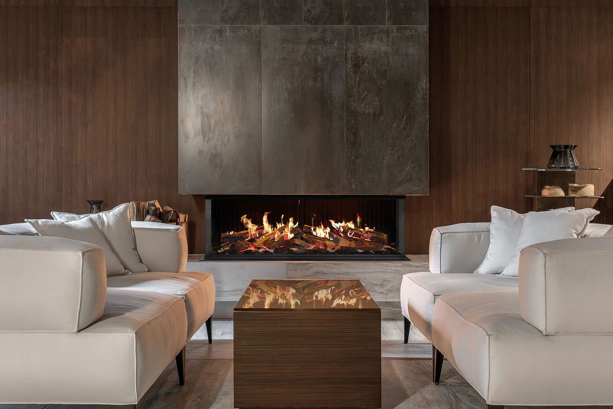 Solus iX13 electric fire with glass sides beneath a grey surround in a wood-panelled living room