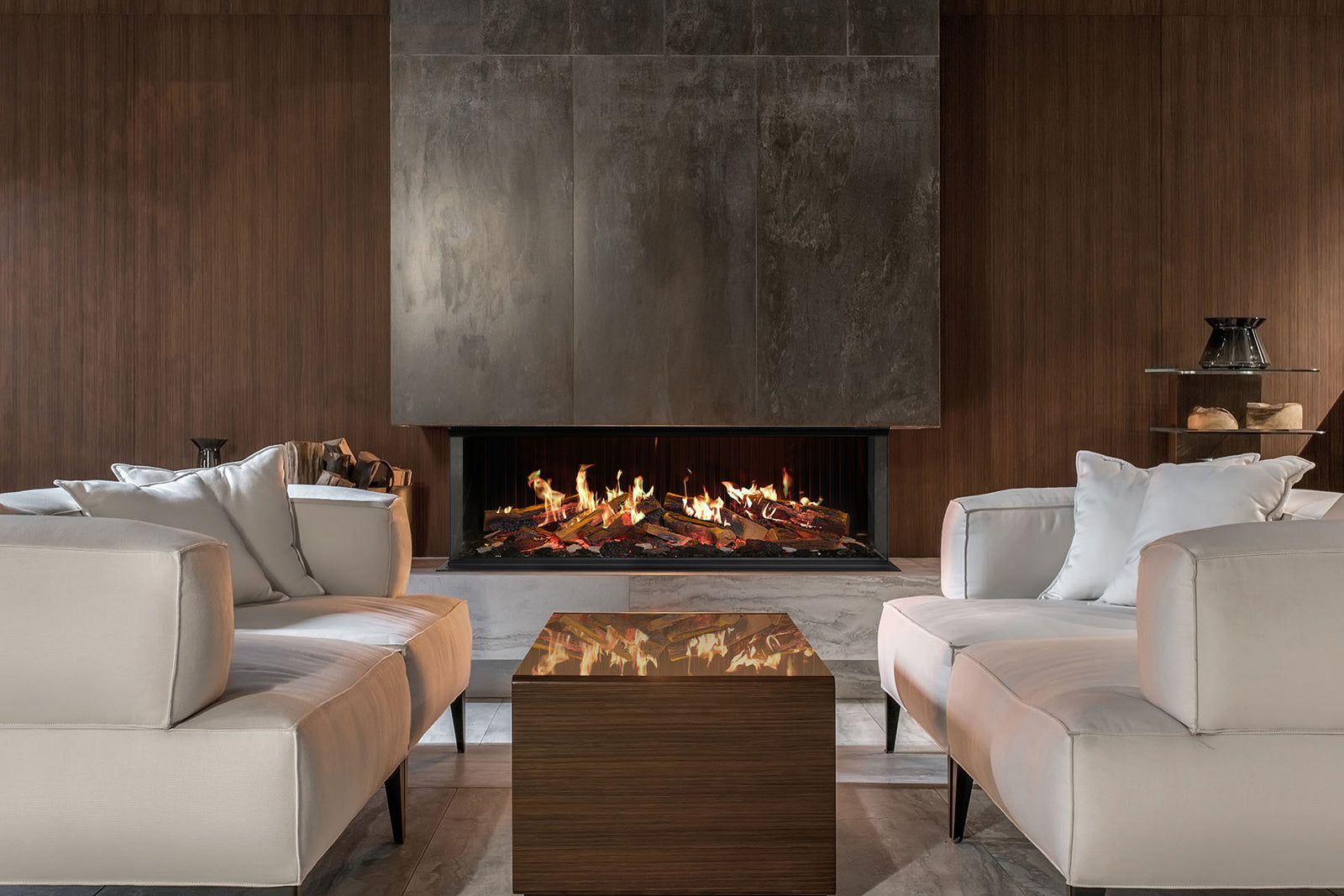 Solus iX13 electric fire with glass sides beneath a grey surround in a wood-panelled living room