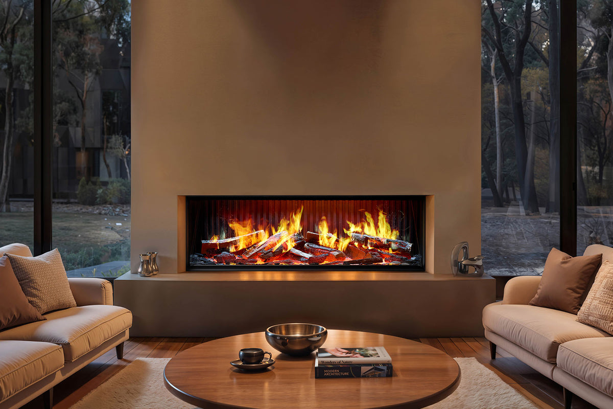 Solus iX13 electric fire inset into a beige wall between two sofas and full-height windows