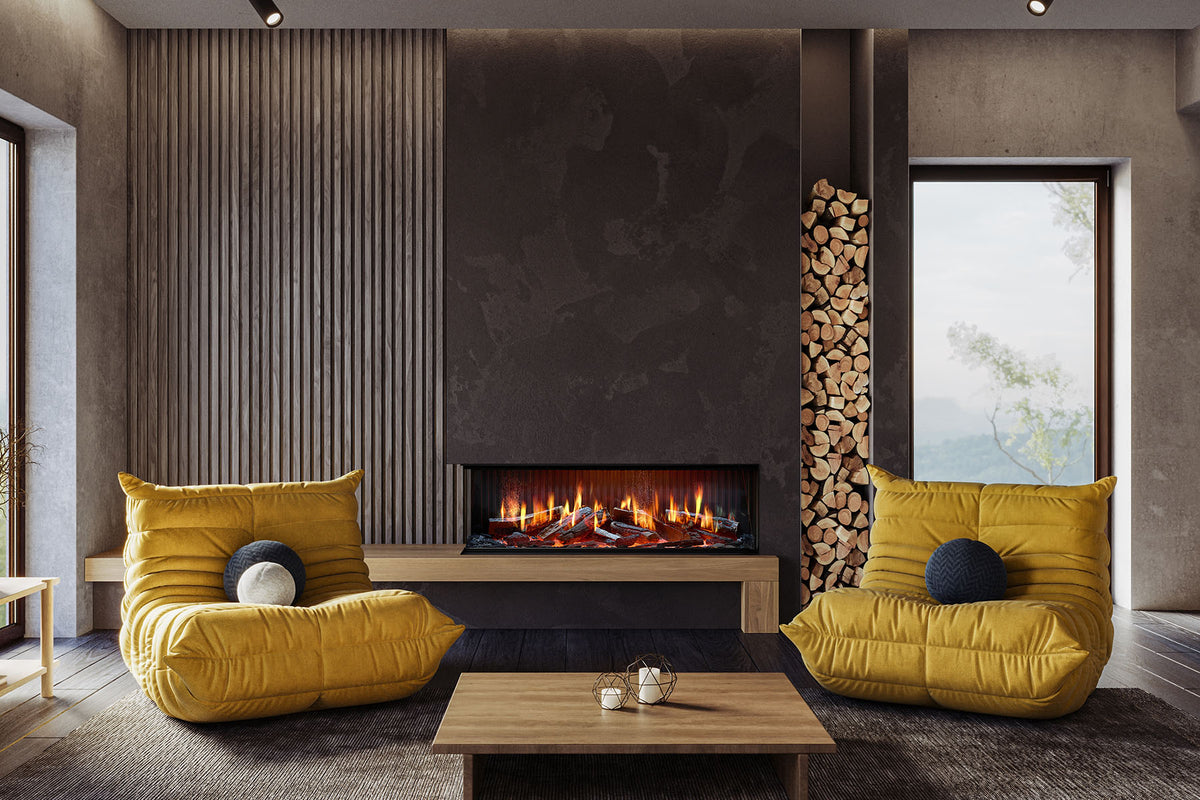 Solus iX13 electric fire with a glass left side above a wooden hearth beside a log store